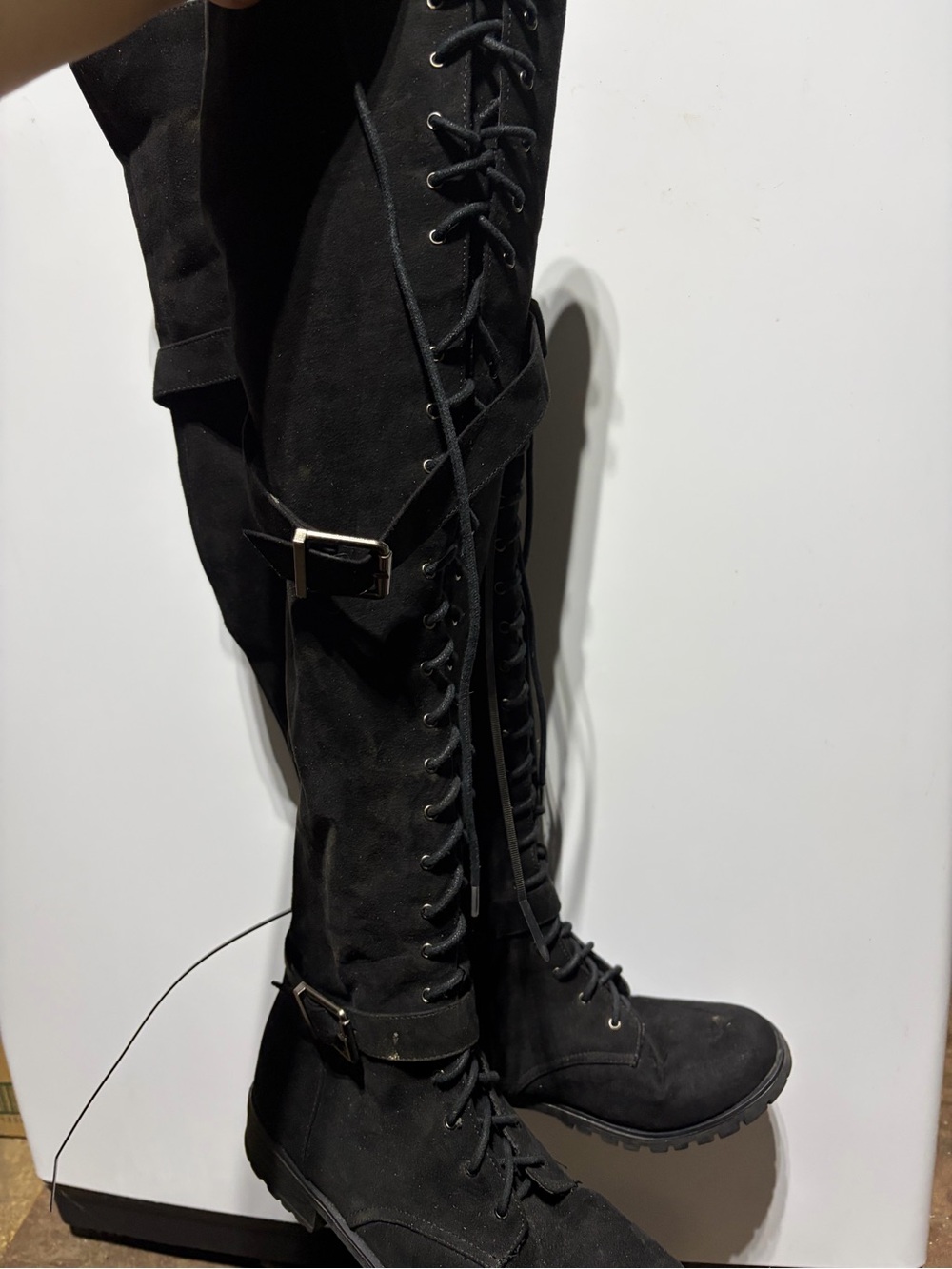 Black Lace-Up Over-the-Knee Boots with Buckle